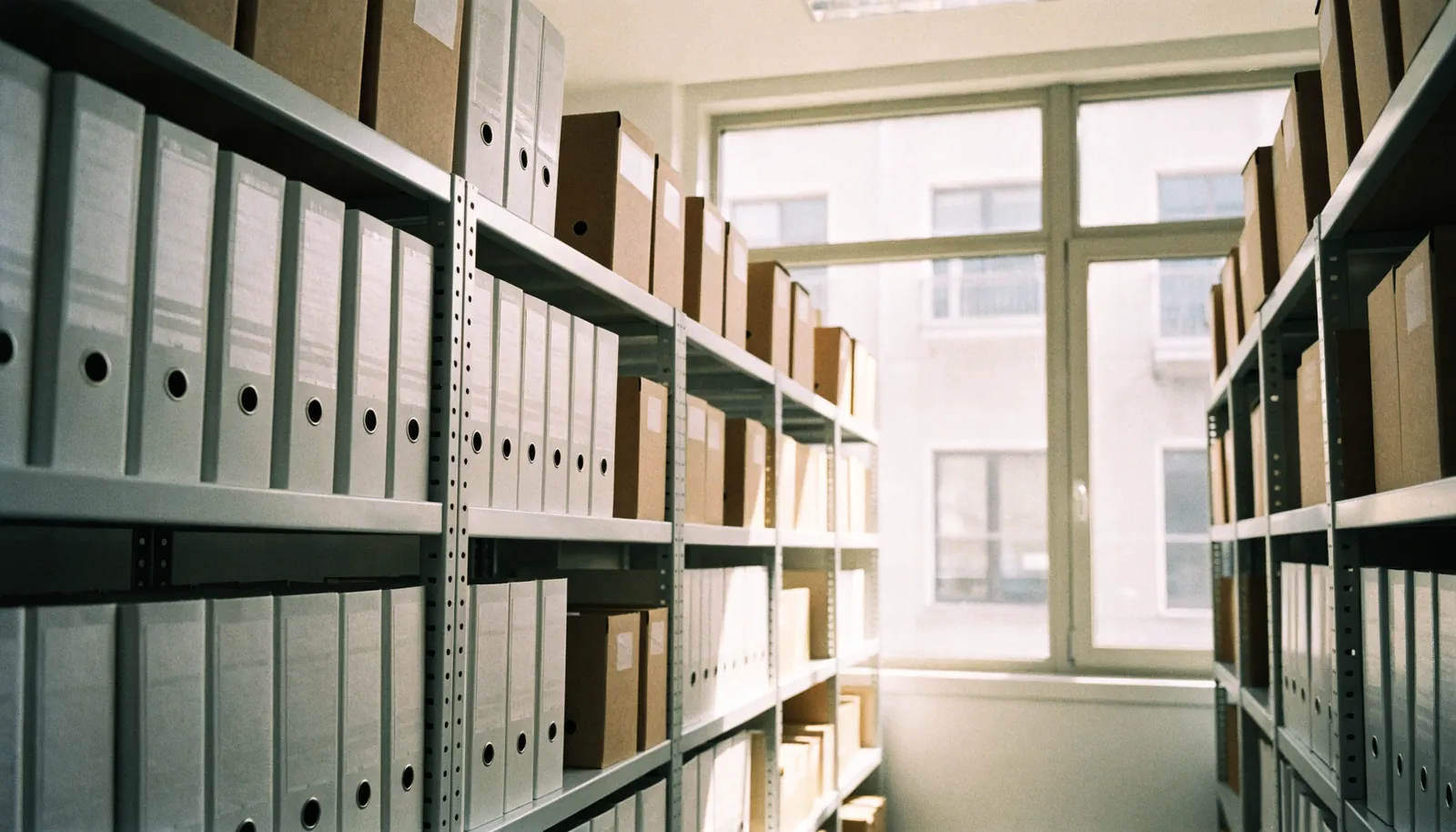 Büroarchiv mit Ordnerreihen und Archivkartons auf Metallregalen, Tageslicht durch ein großes Fenster