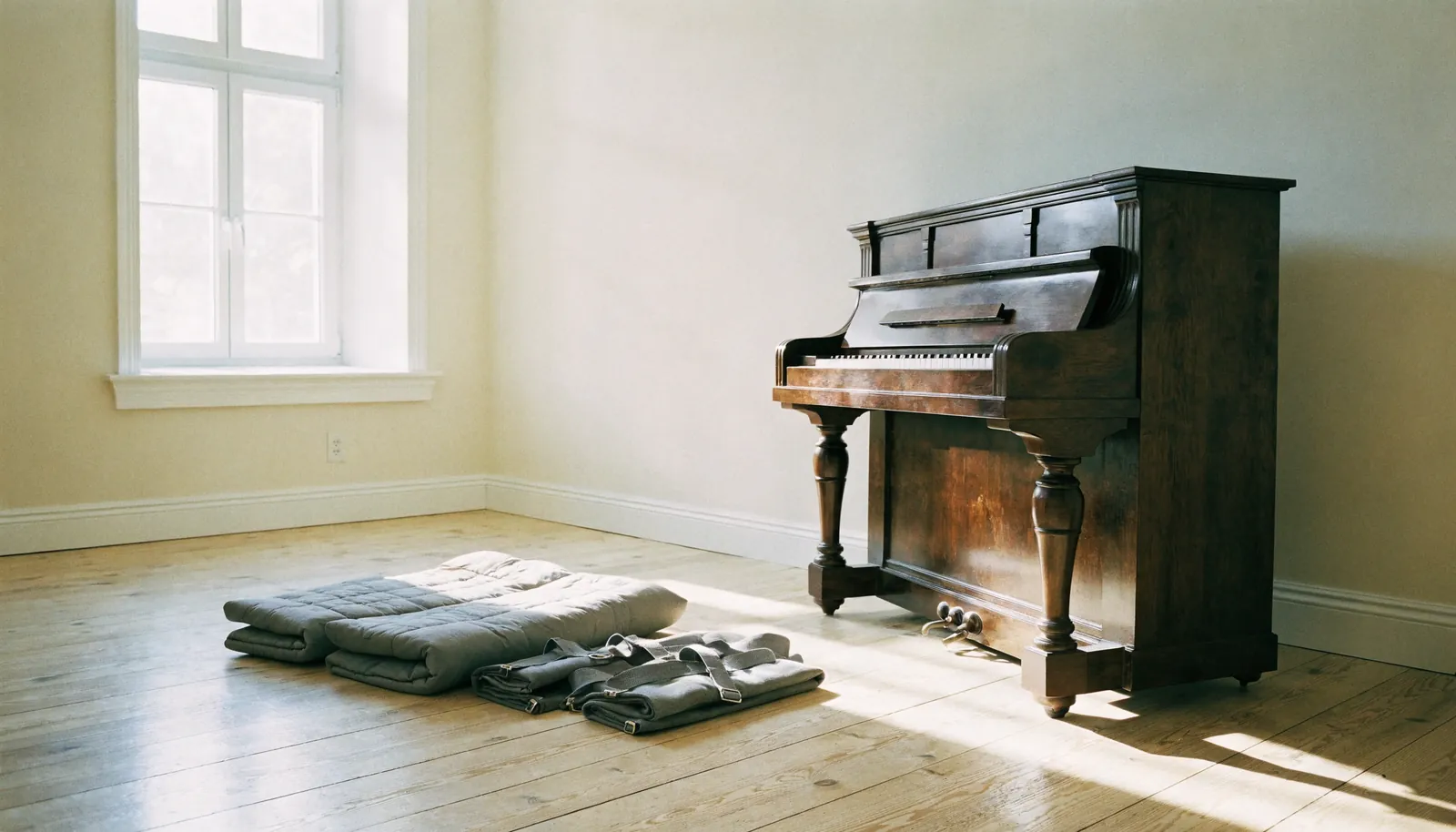 Ein Klavier in einem leeren hellen Zimmer, daneben gefaltete Polsterdecken und Gurte auf dem Boden