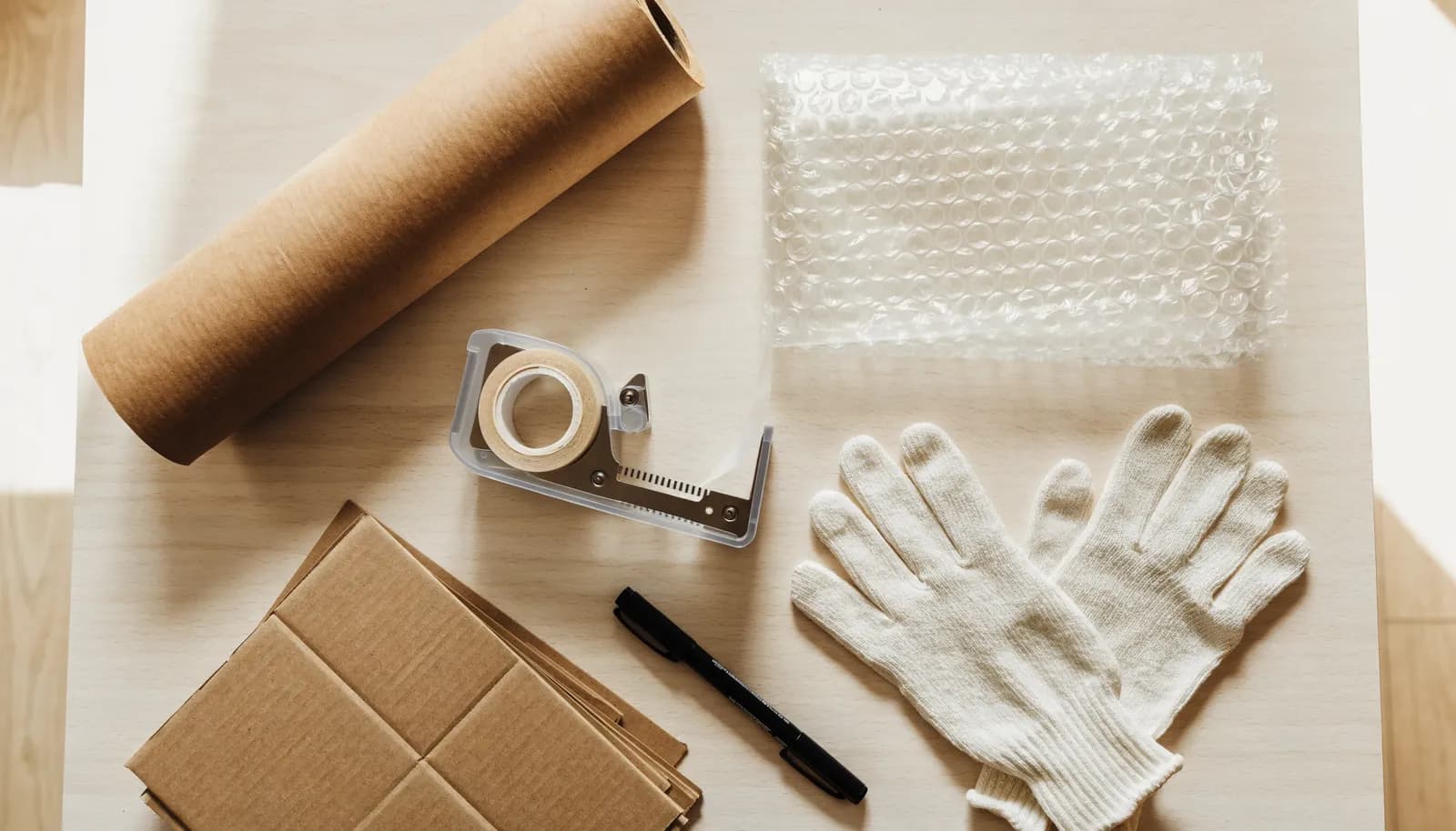 Packmaterial auf einem hellen Tisch: Packpapierrolle, Klebebandabroller, Luftpolsterfolie, Handschuhe, Marker